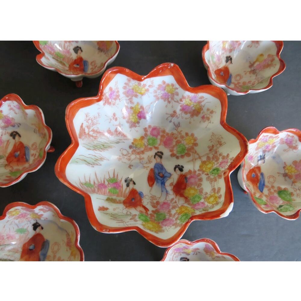 Vintage Japanese Geisha Bowl Set Hand Painted Footed Porcelain Japan 7 Pc Floral